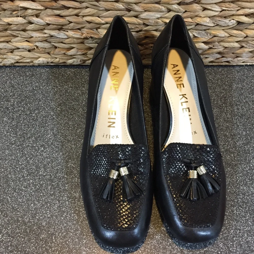 Anne Klein Iflex Black Leather Heeled Loafers with Tassel & Patent Detail